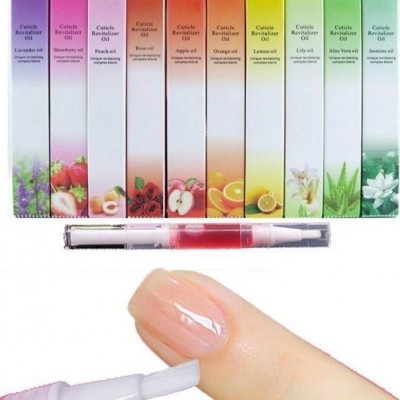 Conjunto de óleos para cutículas em caixas coloridas e aplicação com caneta numa unha