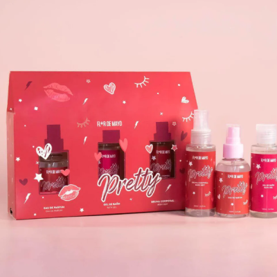 Conjunto de cosméticos Pretty com cinco produtos em embalagem vermelha decorada.