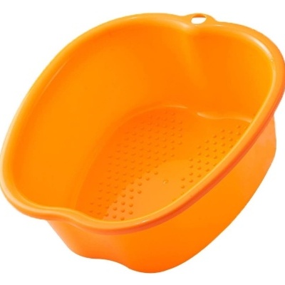 Bacia oval de plástico laranja com textura antiderrapante.