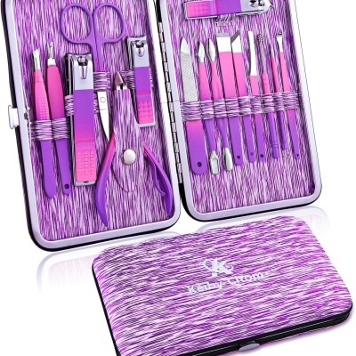 Conjunto de manicure e pedicure em estojo roxo com ferramentas e texto KEILIDUNGU