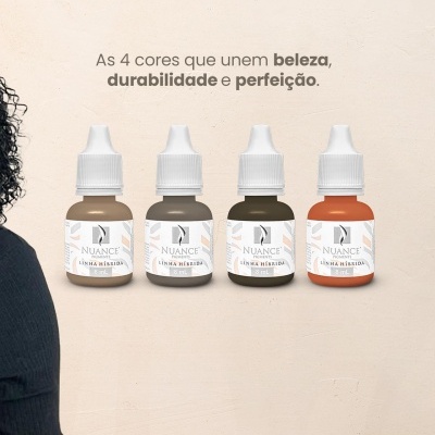 Quatro frascos de pigmentos Nuance para sobrancelhas em cores castanho escuro, castanho médio, castanho claro e damasco