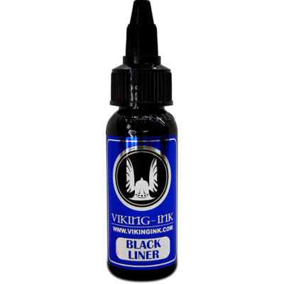 Frasco de tinta preta para tatuagem Viking Ink com rótulo azul