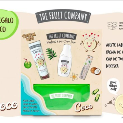 Conjunto de presente The Fruit Company com creme de mãos, óleo corporal, creme labial, perfume e neceser verde.
