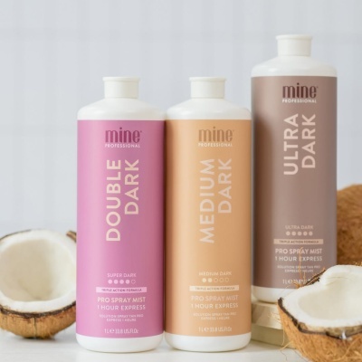 Frascos de bronzeador Mine Professional DOUBLE DARK, MEDIUM DARK e ULTRA DARK com cocos cortados ao lado
