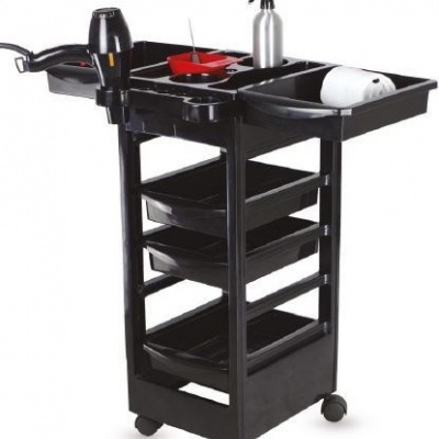 Carrinho móvel preto com bandejas e acessórios para salão