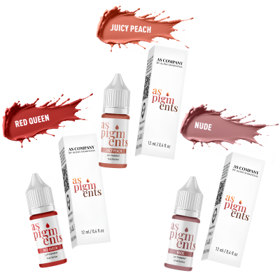 Frascos de líquido para tatuagem AS PIGMENTS com caixas e cores RED QUEEN, JUICY PEACH, NUDE