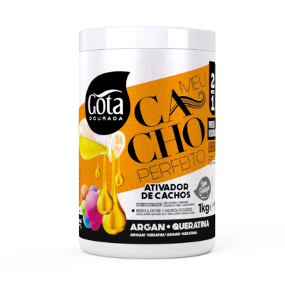 Creme ativador de cachos Gota Dourada embalagem branca com rótulo laranja