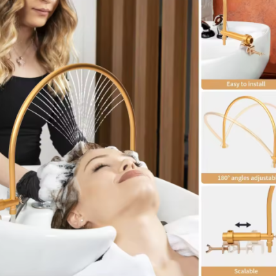 Torneira dourada para lava-cabeças com várias saídas de água em uso