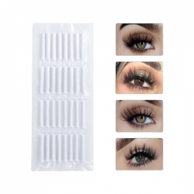 Rolos brancos para extensão de pestanas ao lado de quatro fotos de olhos com pestanas postas
