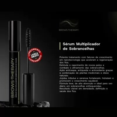 Sérum multiplicador de sobrancelhas BROWS THERAPY em embalagem preta com texto verde e branco e selo vermelho de lançamento