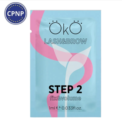 Embalagem azul claro e cor-de-rosa do produto Öko LASH&BROW STEP 2 fix&volume
