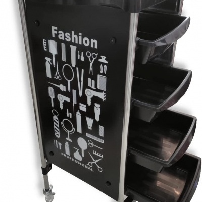 Carrinho organizador preto com texto e ilustrações de utensílios de cabeleireiro