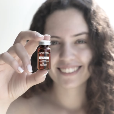 Frasco pequeno de vidro castanho com tampa branca segurado por mulher sorridente