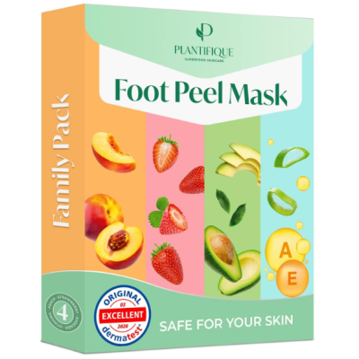 Embalagem de máscara esfoliante para os pés Plantifique Foot Peel Mask, Family Pack com frutas e selo DermaTest