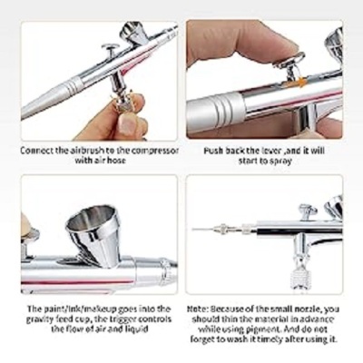Aerógrafo cromado com instruções em inglês sobre uso e manutenção.