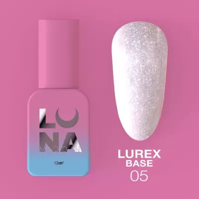 Frasco de verniz de unhas degradé rosa e azul com amostra branca brilhante e texto LUREX BASE 05