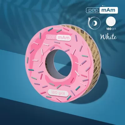 Rolo de fita adesiva formato donut rosa com granulados coloridos e texto pap mAm 180 grit