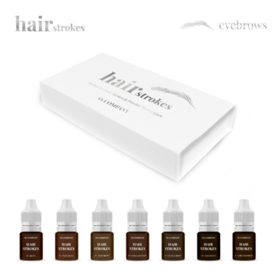 Conjunto de frascos castanhos e caixa branca com texto hair strokes