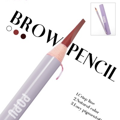 Lápis de sobrancelha castanho com embalagem lilás e texto POPu