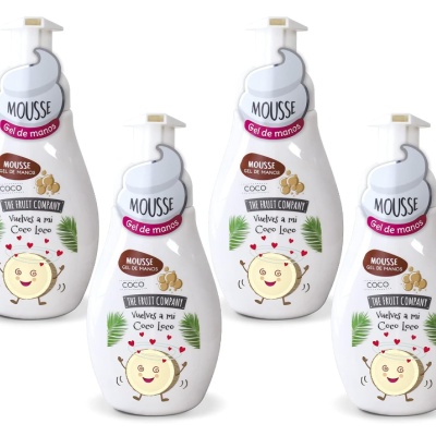 Quatro frascos de mousse gel de mãos com fragrância de coco e desenhos tropicais.