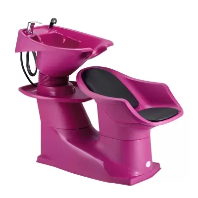 Cadeira de cabeleireiro fúcsia com lava-cabeças e almofadas negras