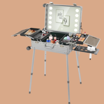 Mala de maquilhagem prateada com espelho iluminado e pernas metálicas ajustáveis