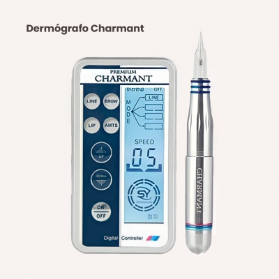 Dermógrafo Charmant com unidade de controlo digital branca e caneta metálica prateada