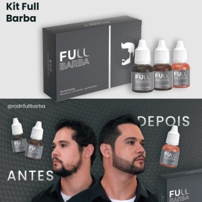 Kit Full Barba com caixa preta e frascos coloridos, fotos antes e depois de homem usando o produto para barba.