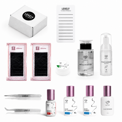 Kit completo de extensão de pestanas com diversos frascos e ferramentas da marca LOVELY