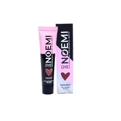 Tubo e caixa do produto cosmético NOEMI DYE cor Chestnut com design rosa, preto e vermelho
