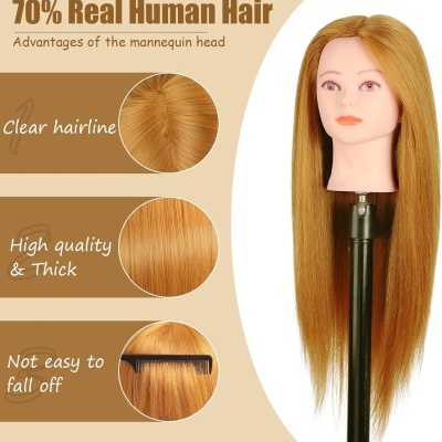 Cabeça de manequim com cabelo loiro longo e liso montada num suporte preto com texto explicativo