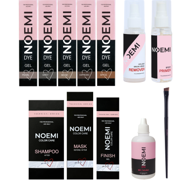 Conjunto de produtos para coloração capilar e sobrancelhas NOEMI em embalagens preto e rosa