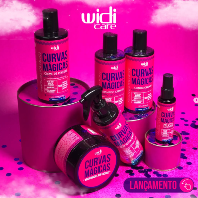 Produtos widi care CURVAS MÁGICAS em embalagens rosa e preta com texto LANÇAMENTO