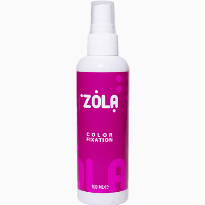 Frasco branco com rótulo rosa e texto 'ZOLA COLOR FIXATION 100 ML'