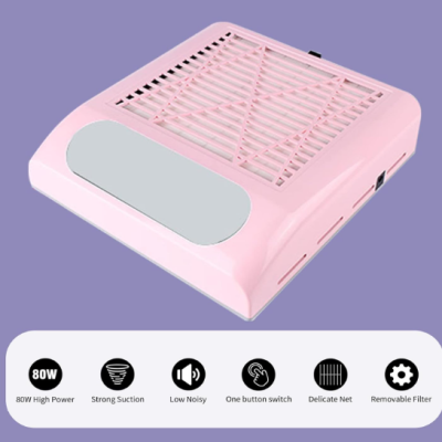 Aspirador de pó de unhas rosa com painel cinzento e ícones explicativos