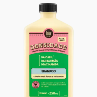Frasco de shampoo Lola Densidade amarelo com rótulo rosa e verde e tampa preta