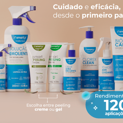Produtos Smarty Beauty para cuidados pessoais com embalagens brancas, azuis e verdes, texto em português, e destaque para rendimento até 120 aplicações.