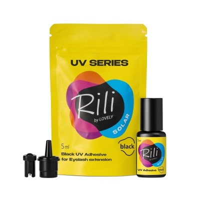Conjunto de adesivo UV preto para extensão de pestanas Rili by Lovely com embalagem amarela e frasco 5 ml