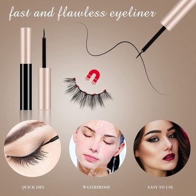Delineador líquido preto com pestanas falsas e texto descritivo em inglês