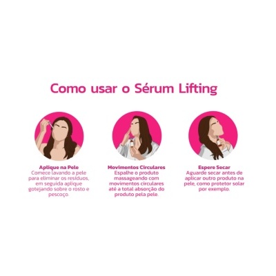 Instruções de uso do Sérum Lifting em ilustrações de mulher aplicando o produto no rosto