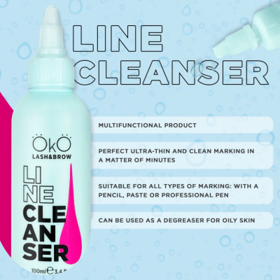 Frasco do produto ÖkO Lash Brow Line Cleanser com fundo azul claro e texto informativo em inglês
