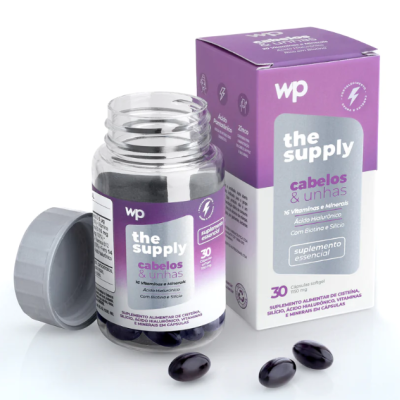 frasco e caixa do suplemento the supply cabelos e unhas com cápsulas pretas