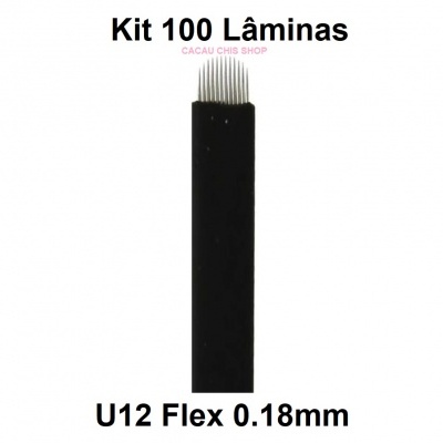 Kit 100 lâminas pretas para micropigmentação com agulhas e texto descritivo
