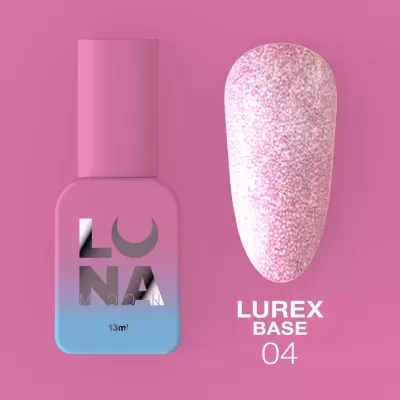 Esmalte de unhas LUNA 13ml e amostra de cor rosa texturizada com texto LUREX BASE 04 em fundo rosa