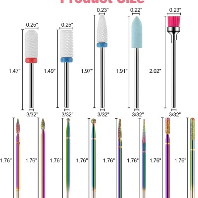brocas de manicure coloridas com medidas e texto 'Product Size'