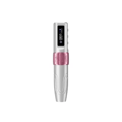 Dispositivo portátil prateado com visor digital e anel rosa metálico com texto POPURE