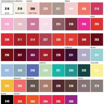 Amostras de cores com códigos e nomes organizados por cor