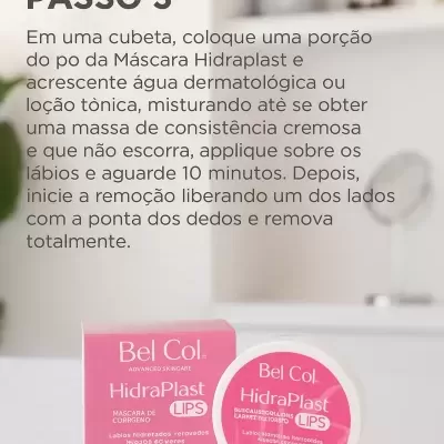Embalagem rosa e branca do produto Bel Col HidraPlast Lips para cuidados dos lábios sobre superfície clara