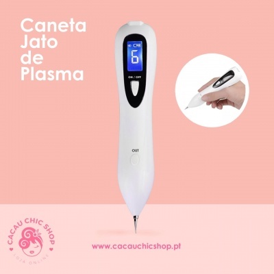 Caneta jato de plasma branca com ecrã digital num fundo rosa com texto e logotipo.