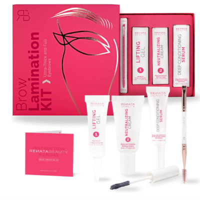 Kit Brow Lamination KIT com produtos para sobrancelhas em embalagem rosa